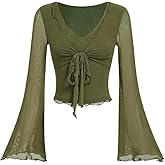 GORGLITTER Women's Tie Front Long Bell Sleeve Tops Ruched V Neck Sheer Mesh Tops