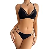 RoseSeek Women's 2 Piece Lingerie Set Seamless Contrast Mesh Bralettes and No Show Thongs Underwear Set