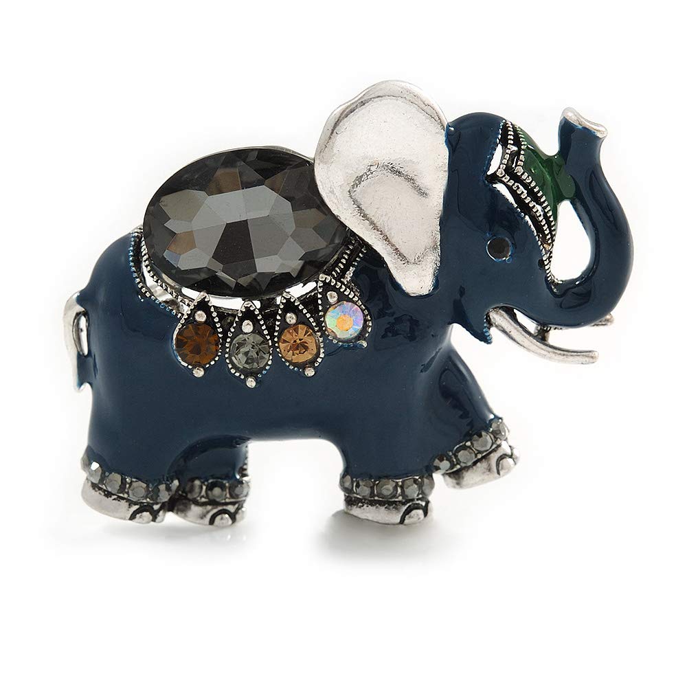 Vintage Inspired Blue Enamel, Crystal Elephant Brooch In Aged Silver Tone - 40mm Across