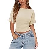 Womens Boat Neck Batwing Tops for Women Cinched Waist Top Tie Back Short Sleeve Shirts Business Casual Clothing