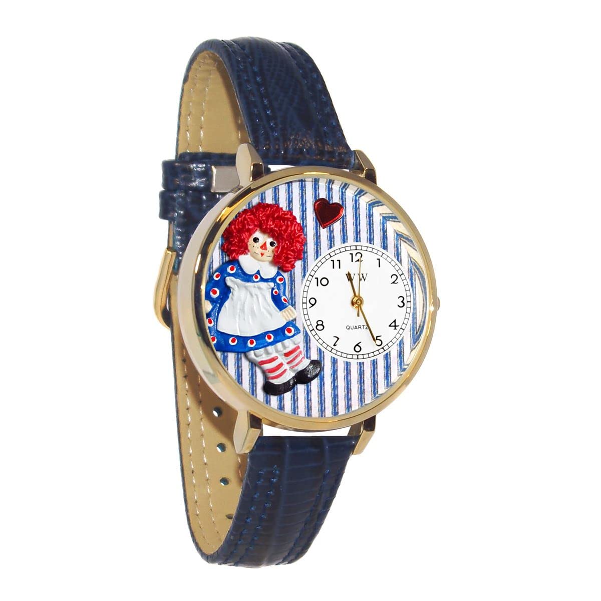 Whimsical Watches Raggedy Ann Navy Blue Leather and Goldtone Unisex Quartz Watch with White Dial Analogue Display and Multicolour Leather Strap G-0220003