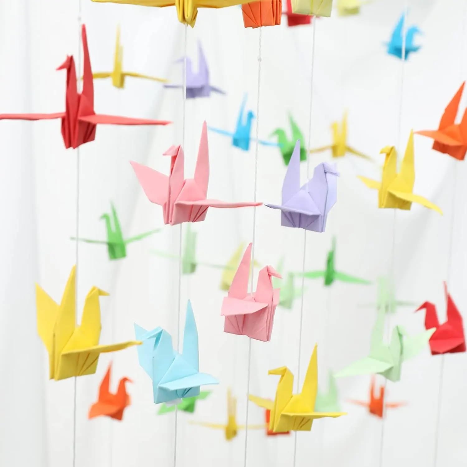 MXAEUK Colorful Paper Cranes Hanging Garlands, Modern Rainbow Color Handmade Origami Birds Streamers, Paper Crane for Garden Ceiling Decor,Wedding Birthday Baby Shower Party Supplies