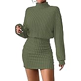 Women's Pullover Sweater Dress Long Lantern Sleeve Turtle Neck Cute Ribbed Knit Bodycon Mini Short Dress 2025 Fall