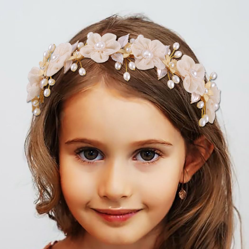 IYOU Princess Wedding Headband Gold Flower Headpiece Pearl Bridesmaid Bridal Communion Hair Accessories for Girls