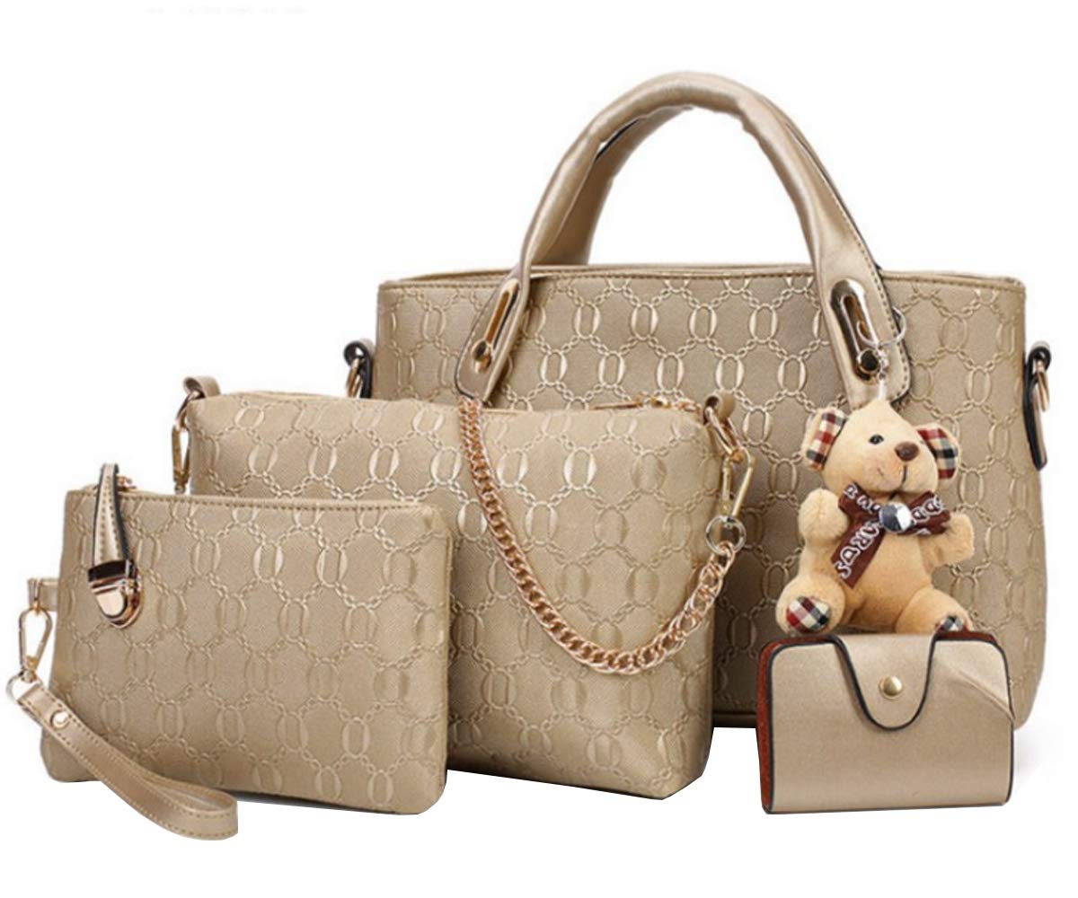 FiveloveTwo Women 4Pcs Top Handle Satchel Hobo PU Leather Handbag Set Large Tote + Purse + Shoulder Bag + Card Holder Gold