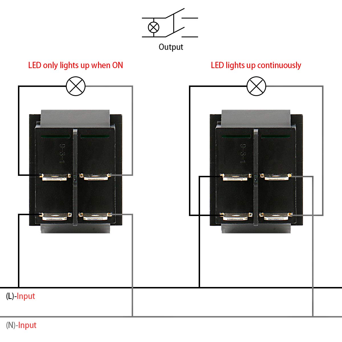Heschen Rocker Switch ON-OFF DPST 4 Terminals Green light 16A 250VAC 2Pack, 2 Piece - Image 5