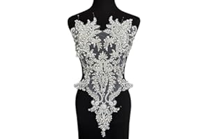 SUCCI SHAN Handmade Bodice Rhinestones Applique Sewing Glass Beads Stones Crystal Trim Lace Patches for Dress Clothing Accessories 34x63cm (Silver)