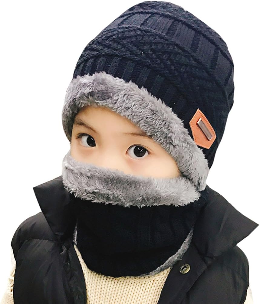 HINDAWI Winter Beanie Hat Scarf Gloves for Kids (5-14 Years) Snow Knit Skull Caps Boys Girls Infinity Scarves Touch Screen Mittens: Clothing
