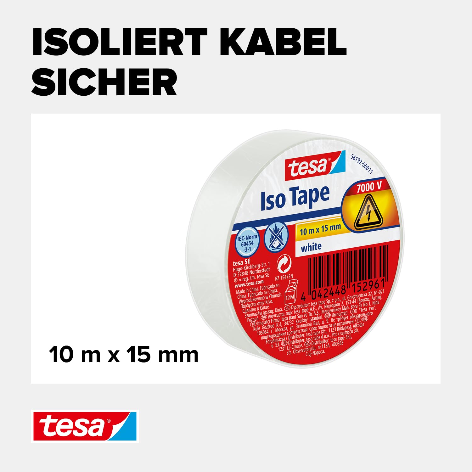 tesa Isolierband - Selbstklebendes Isolierband, hitzebeständig - Zum Isolieren, Reparieren und Bündeln - 10 m - Weiß 3