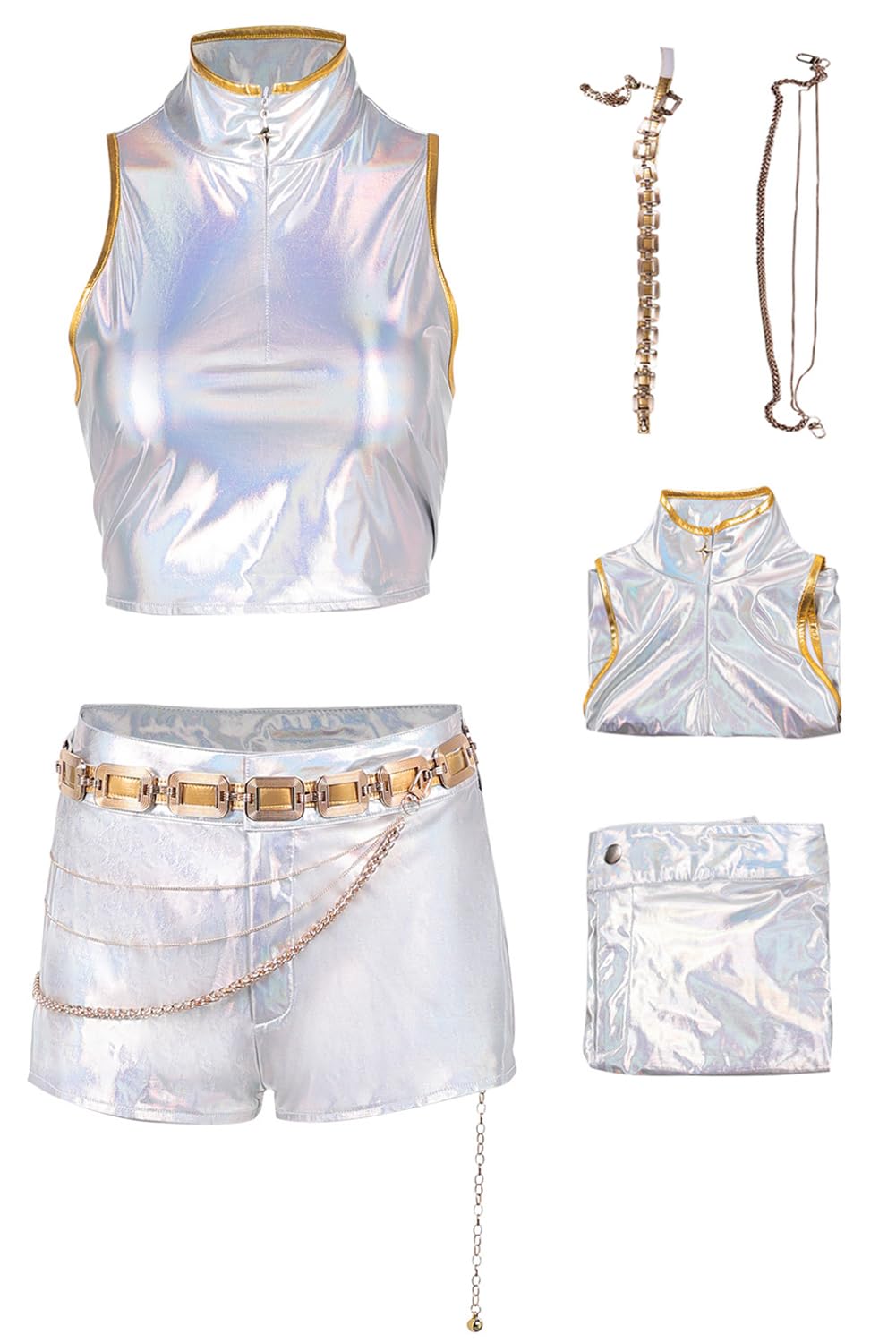 Photo 1 of BAEHEU Adult Cosplay Costume Shirt High Neck Crop Tank Top Shorts Gold Belt Halloween Outfit (White, Large)