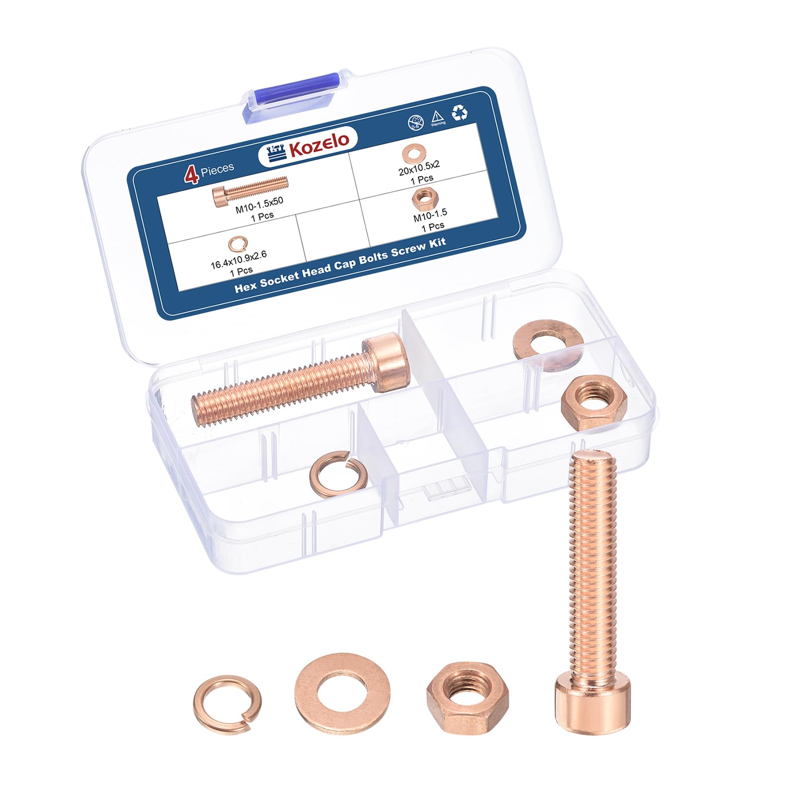 Kozelo 4pcs M10 Socket Head Cap Screws Bolts Nuts Assortment Kit - [M10-1.5x50mm] Red Copper Fully Threaded Hex Screw for 3D Printer Use