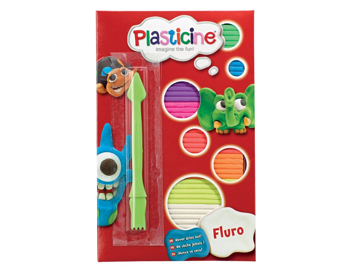 Plasticine Fluro Neon Modelling Clay Pack – 9 Vibrant Neon Colours, Soft & Non-Hardening, Includes Modelling Tool & Ideas Sheet, 130g – Ages 5+
