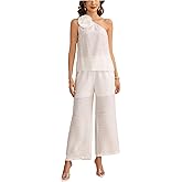 winkbay Women's 2 Piece Vacation Outfit 3D Floral One Shoulder Tank Top and Wide Leg Linen Pants Set