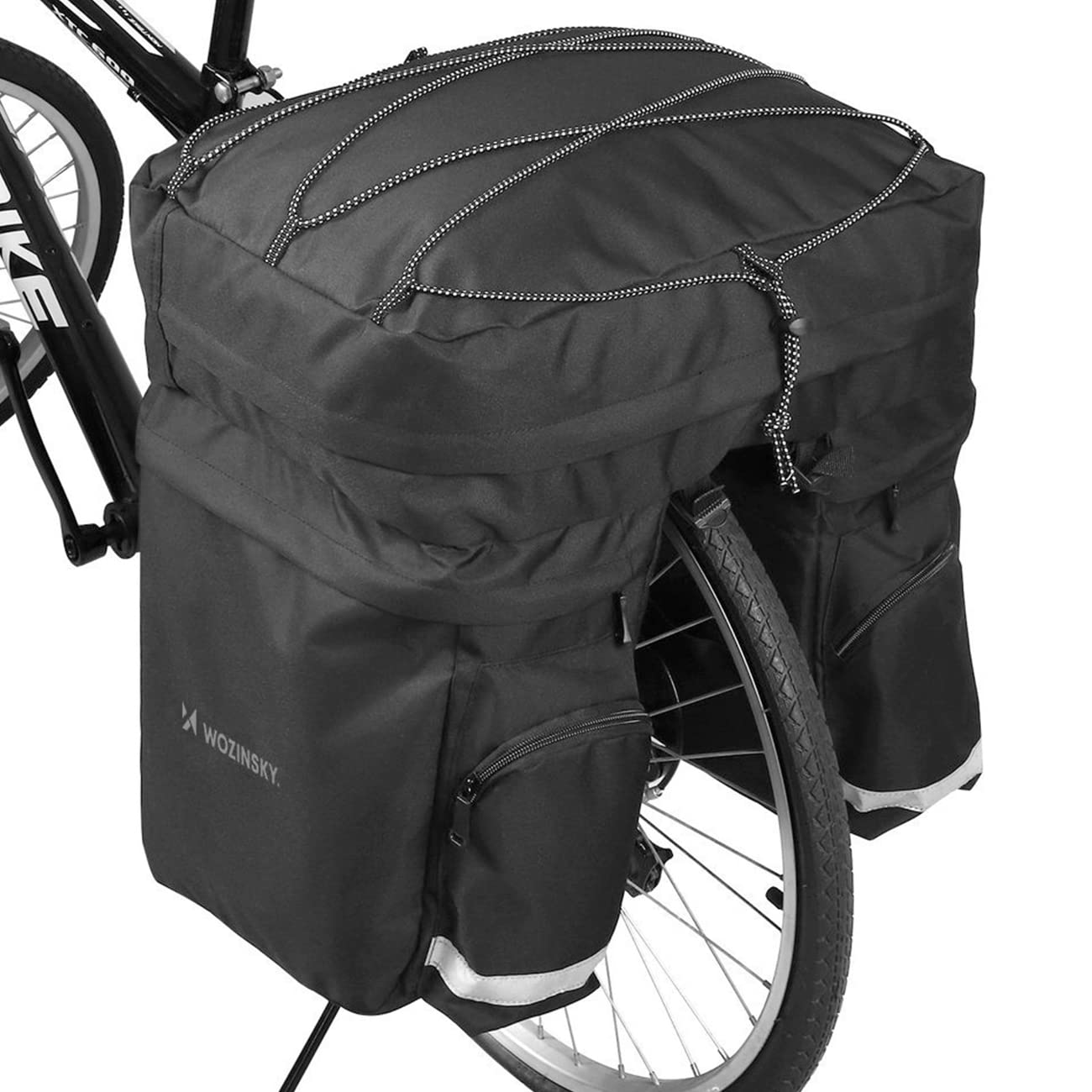 Wozinsky Bike Bag, 60L with Rain Cover, Waterproof, for Racing Bike, 2 Compartments, Black, Letter Print, Mount on Luggage Rack, Drawstring