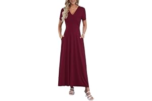 WNEEDU Women Summer Maxi Dress 2026 Short Sleeve Casual Bohemian V Neck Long Lady Dress with Pockets