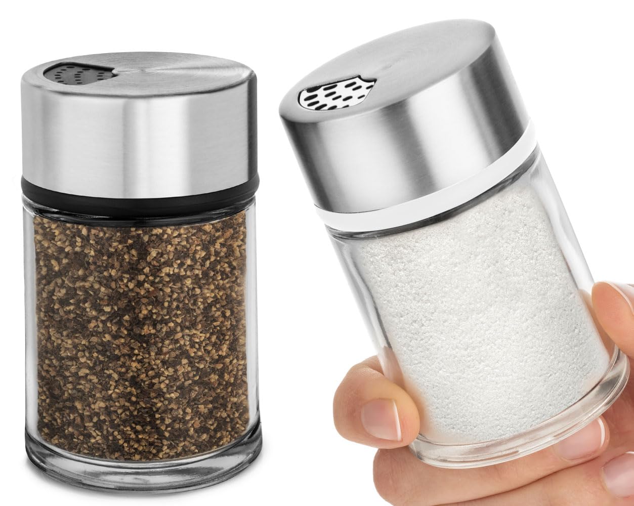 Photo 1 of Salt and Pepper Shakers Set with Adjustable Pour Holes - Stainless Steel Spice Dispenser - Perfect for Pink Himalayan, Table Salt, Black and White Pepper (2.4 oz) - set of 2