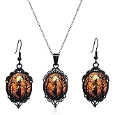 Halloween Cameo Earring Necklace Set for Women Gothic Witch/Tree of Life Earring Necklace Set Vintage Crystal Glass Earring Necklace Set Punk Rock Style Earring Necklace Set Victoria Cameo Mystic Witch Jewelry Set Accessories