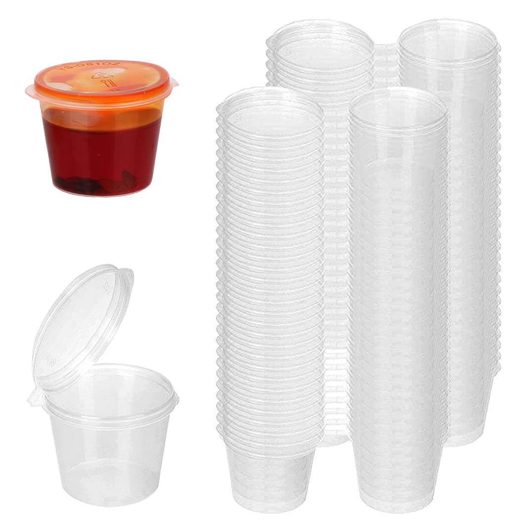 Coolon 1oz 100 Pieces Small Plastic Containers with Lids, 25ml Small Sauce Pots Plastic Pots Reusable Jelly Pots for Sauce Dips Salads