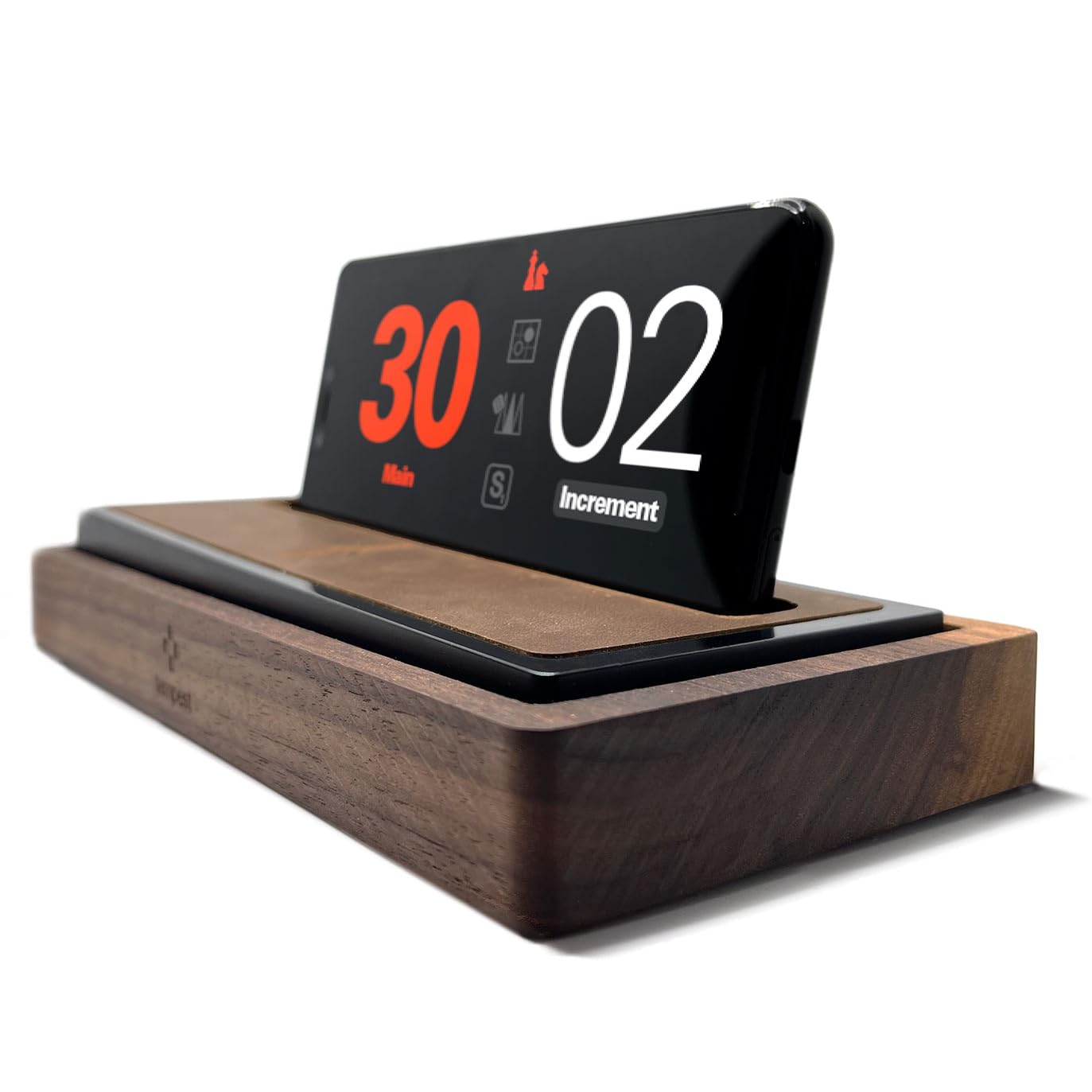 Tempest Deluxe - A Luxurious Walnut and Leather Chess Clock Dock Hybrid. Includes Bundled iOS and Android Software (Phone is not Included) Game Timer