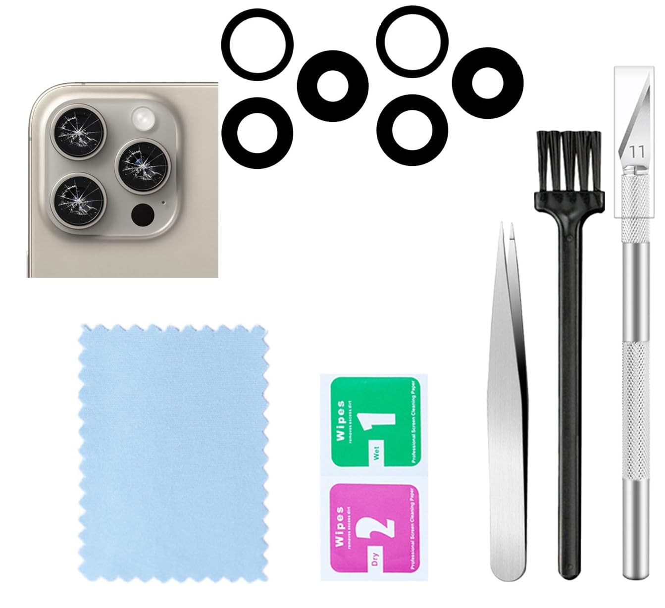 Photo 1 of 2 Packs Rear Camera Lens Glass Replacement for iPhone 15 Pro Camera Glass Lens Replacement with Repair Tools