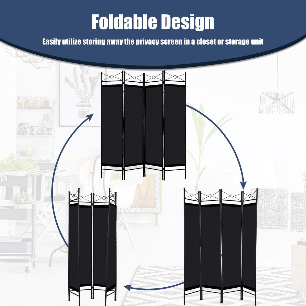 Giantex 4 Panel Room Divider Screens Steel Frame & Fabric Surface Freestanding Room Dividers and Folding Privacy Screens Home Office, Black: Furniture & Decor