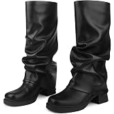 Ziheels Women's Fold Over Boots Slouchy Wide Mid Calf Boots Low Block Heel Tall Boots Square Toe Moto Biker Booties Stacked Pleated Dress Boots Black US9.5