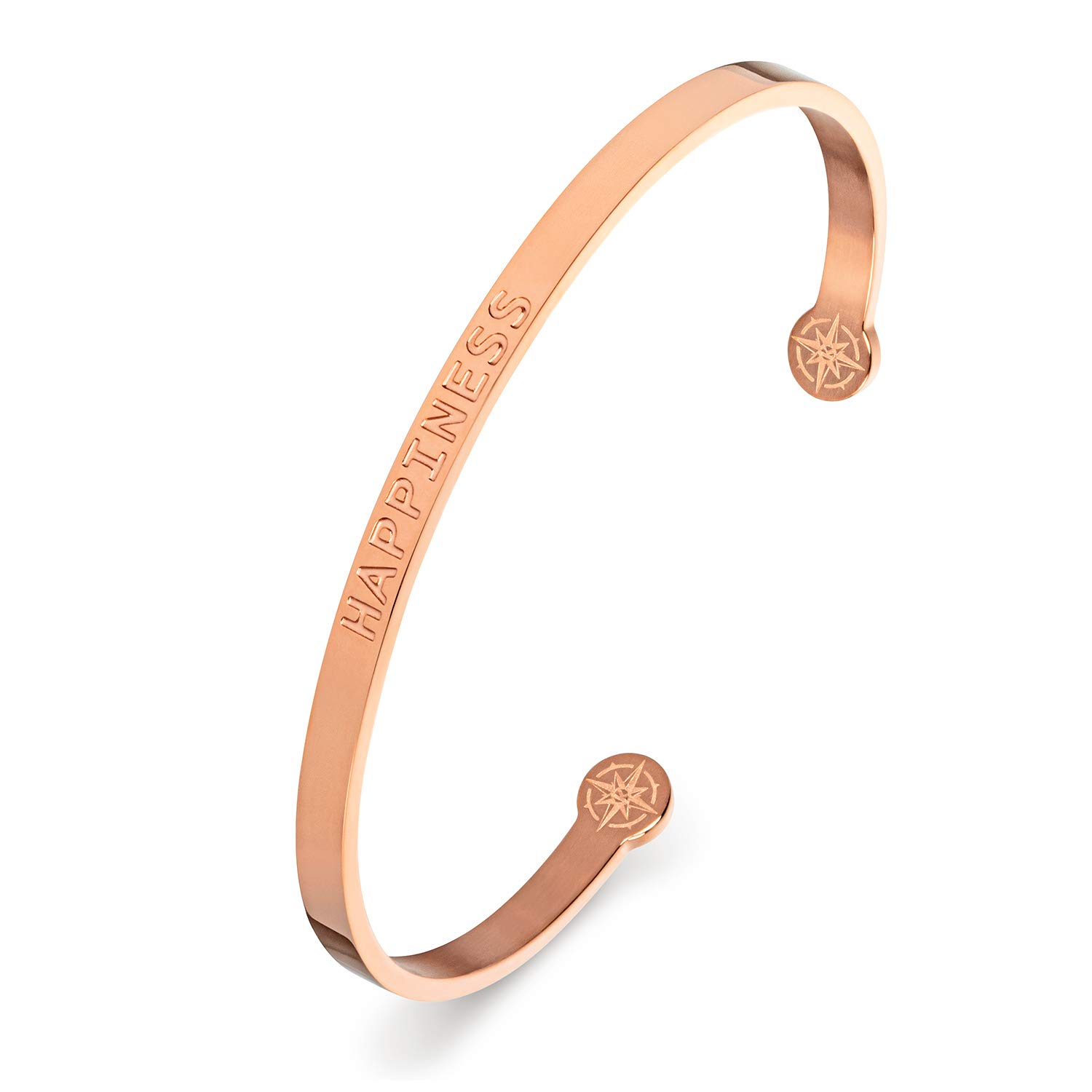 Kistanio Women's Bangle with Engraved Saying Happiness Surgical Steel in Velvet Bag 3 Colours Available Rose Gold, Gold, Silver, Rose-Gold, Modern