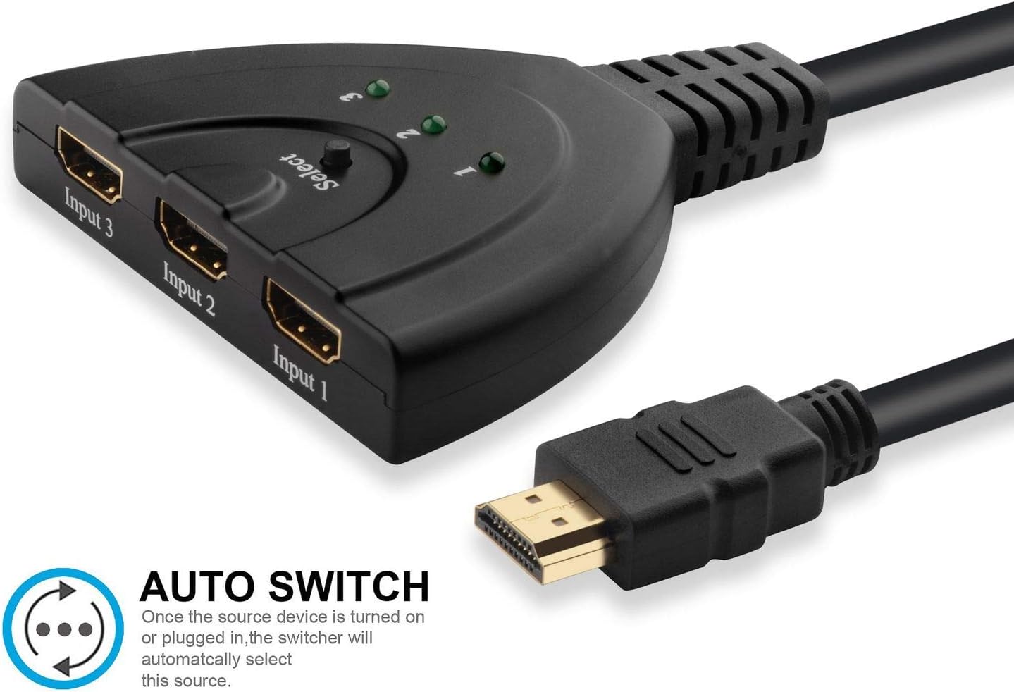 Insten 3-Port HDMI Switch 3 in 1 Out Auto Switcher with 1.6FT HDMI Cable Support Full HD 3D 1080P Compatible with HDTV Smart TV PS4 PS3 Nintendo Switch Xbox One X S Blu-Ray DVD Player PC Laptop