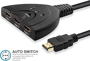 Insten 3-Port HDMI Switch 3 in 1 Out Auto Switcher with 1.6FT HDMI Cable Support Full HD 3D 1080P Compatible with HDTV Smart TV PS4 PS3 Nintendo Switch Xbox One X S Blu-Ray DVD Player PC Laptop