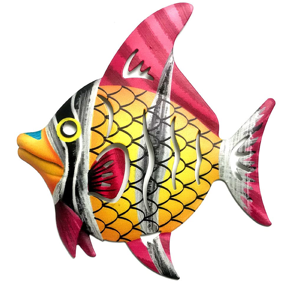 CENPEK Metal Fish Wall Decor Bathroom Glass Art Yellow Hanging Garden Decorations for Patio Pool or Porch