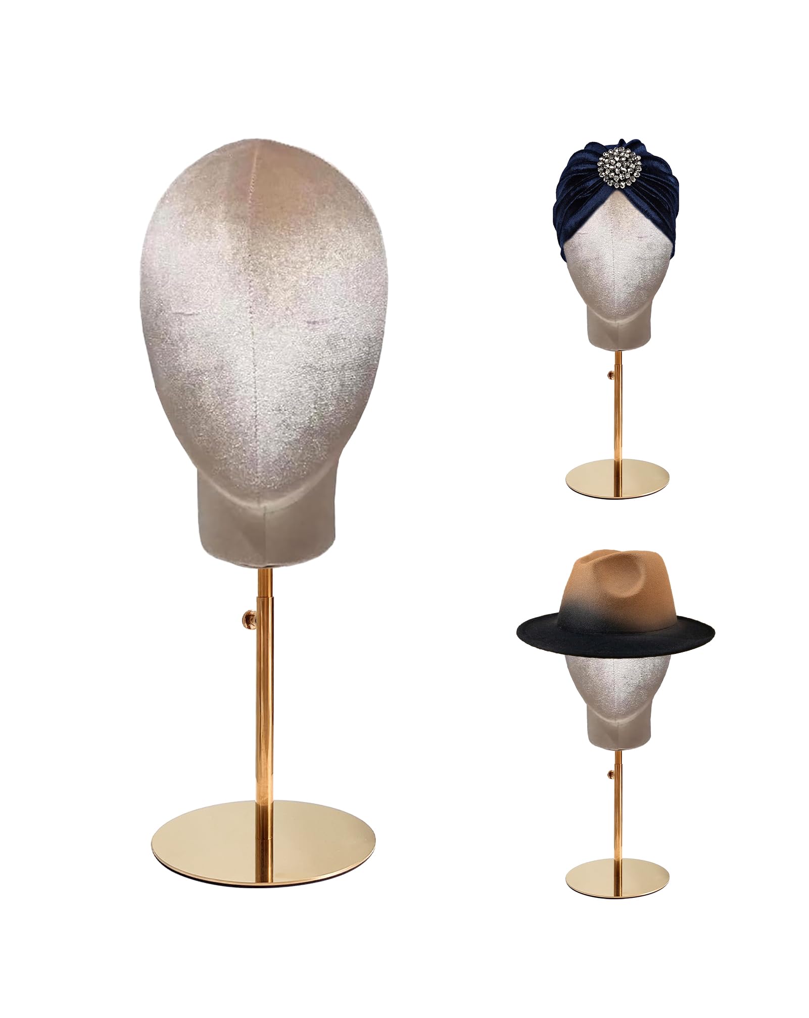 TINGSING Female Mannequin Head Stand, Velvet Pinnable Manikin Wig Head Holder with Retractable Metal Base, 18-24 Inches, for Hat Wig Jewelry Clothing Fabric Model, Flesh Color