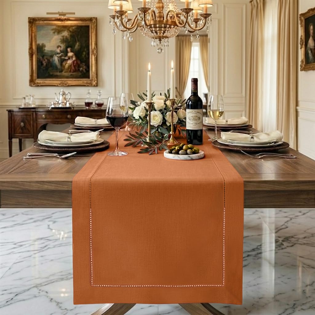 D'Moksha Homes Linen Table Runner - 14 x 120 Inch, 100% Pure Linen Classic Hemstitch Rust - Machine Washable Farmhouse Style — image 1