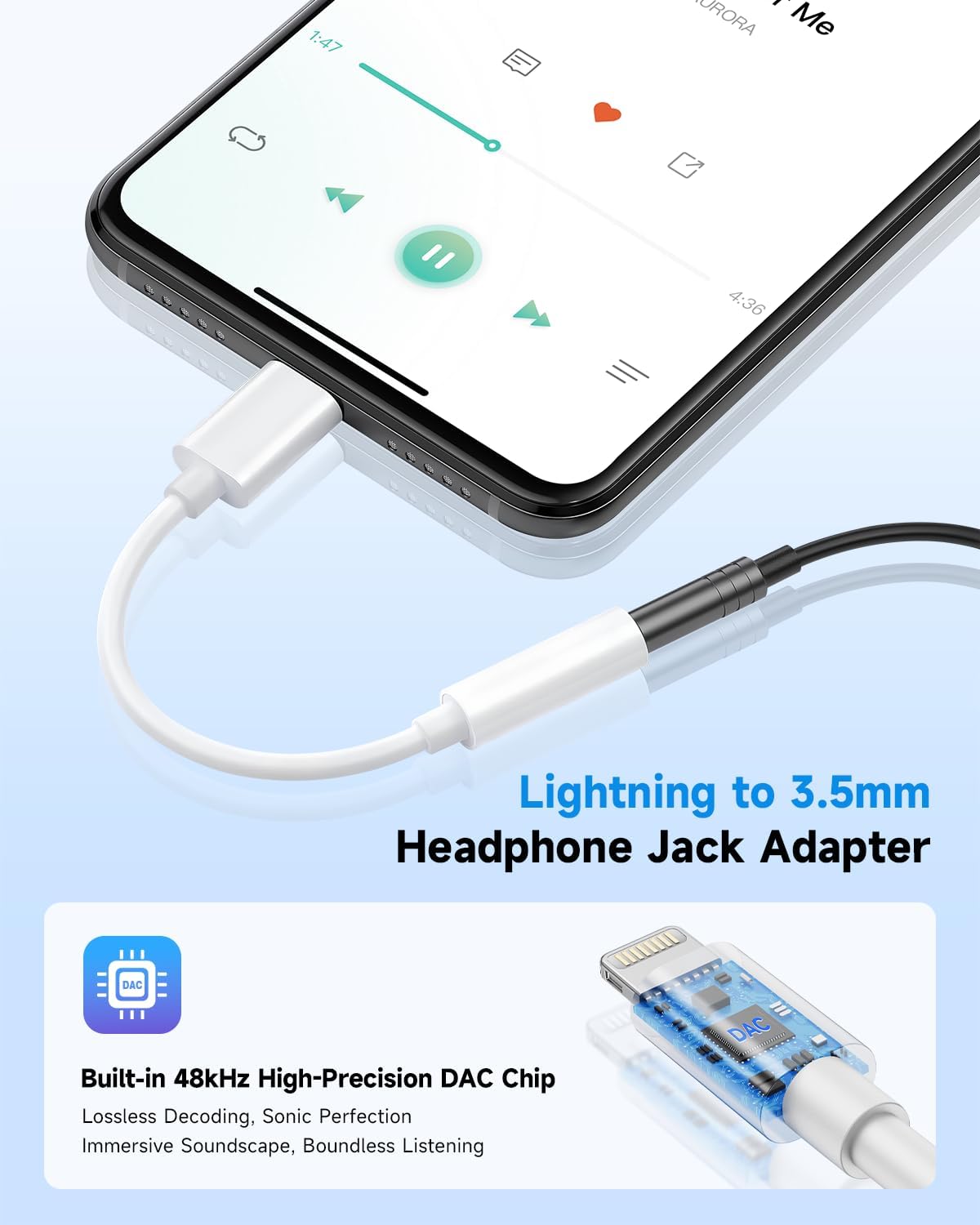 Apple MFi Certified Lightning to 3.5mm Headphone Jack Adapter -Premium Audio Quality & DAC Chip for Music Listening Car, Gym, Home Office, Compatible with iPhone 14/13/12/11/X/8/7 2Pack (White)