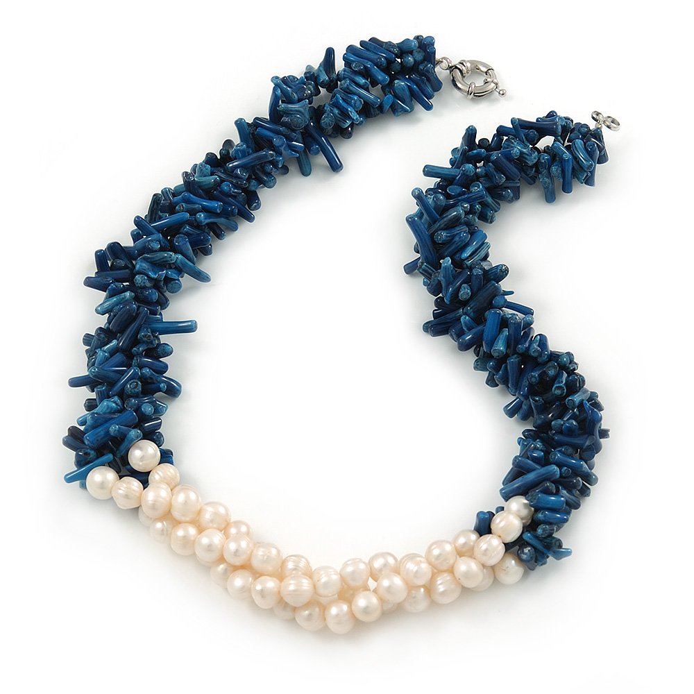 Avalaya 3 Strand Twisted Inky Blue Coral and Cream Freshwater Pearl Statement Necklace/ 44cm L
