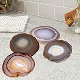 Natural Agate Coasters Set of 4, Brown Geode Stone Slices 3-3.5'' for Drinks Coffee Wine, Unique Rock Crystal Tabletop Protection with Rubber Bumpers