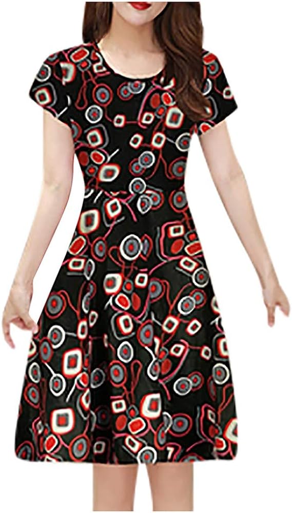 Amazon Qudoe 女性のエレガントなoネック半袖レトロ印刷ドレス女性ファッション夏 ワンピース チュニック 通販