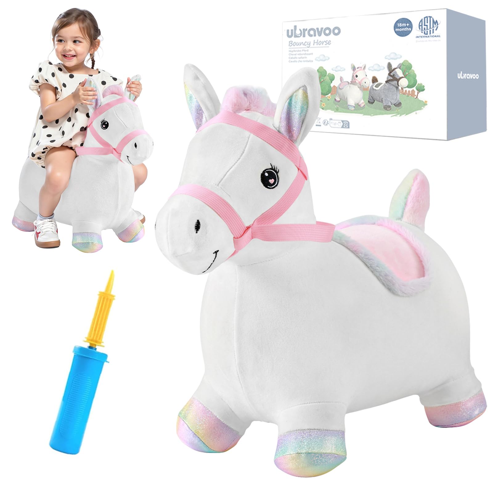 UBRAVOO Bouncy Pals Hopping Horse, Toddler Inflatable Bouncing Plush Animal Hopper Toy, Outdoor Indoor Plush Ride on Bouncer, Baby Birthday Gift for 18 Month 2 3 4 Year Old Boys Girls (Rainbow Pony)