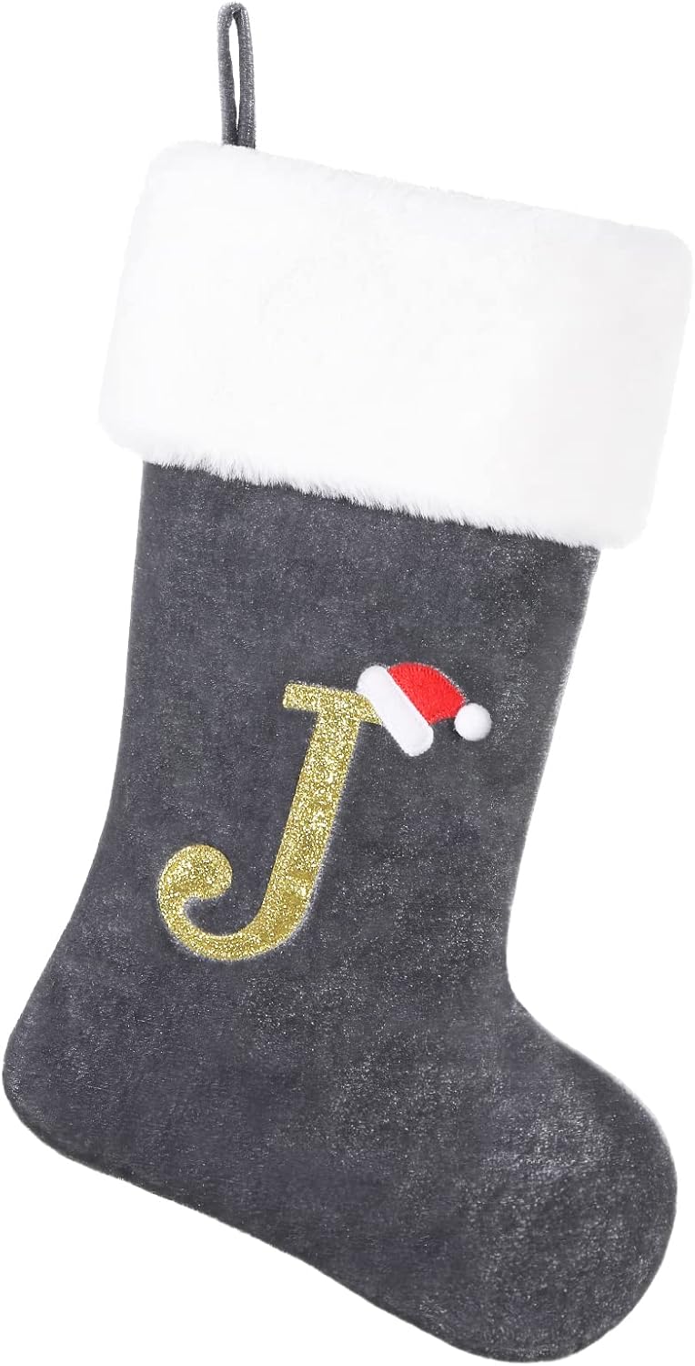 Stockings & Holders - SIRIPHUM20 Inches Monogram Christmas Stocking Deluxe Grey Velvet Body with Super Soft Plush Cuff Embroidered Letter(J)