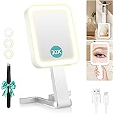 Magnifying Travel Makeup Mirror with Lights, Double-Sided 1X/30X Magnifying Mirror, 3 Color Lighting & Brightness Adjustable, Portable &Foldable Handheld Mirror with Lights(10" L x 5" W)