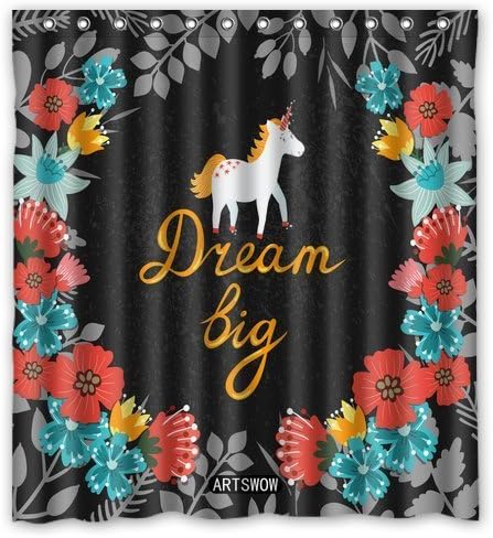 ARTSWOW Cute Unicorn and Text Dream Big Custom Waterproof Bathroom 100% Polyester Fabric Shower Curtain 66 x 72