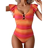 Eomenie Womens Ruffled One Piece Swimsuit Slimming Tummy Control Bathing Suit V-Neck Cutout Swimwear for Resort Wear