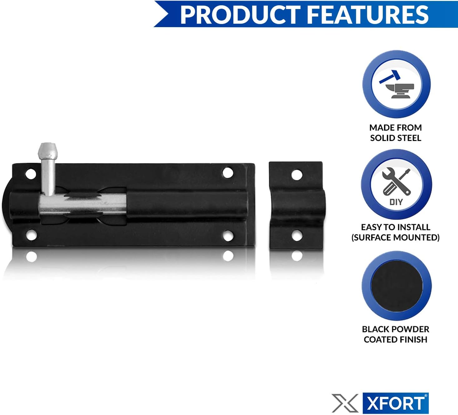 XFORT® 2 Pack Heavy Duty Tower Bolt Black 100mm (4"), Door Lock Bolt, Strong Black Coated Door Barrel Bolt - Image 4