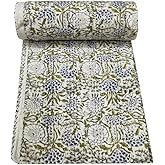 V Vedant Designs Indian Kantha Quilt Handmade Throw Reversible Blanket Bedspread Block Print Fabric Bohemain Quilt Twin/Queen Chic Bedding coverlets (Block 02, Twin)
