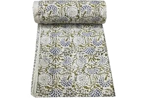 MAVISS HOMES Indian Block Print Quilt Kantha Quilt Queen Size Throw Blanket Bedspread Pure Cotton (90 X 108 Inch, Turquoise)