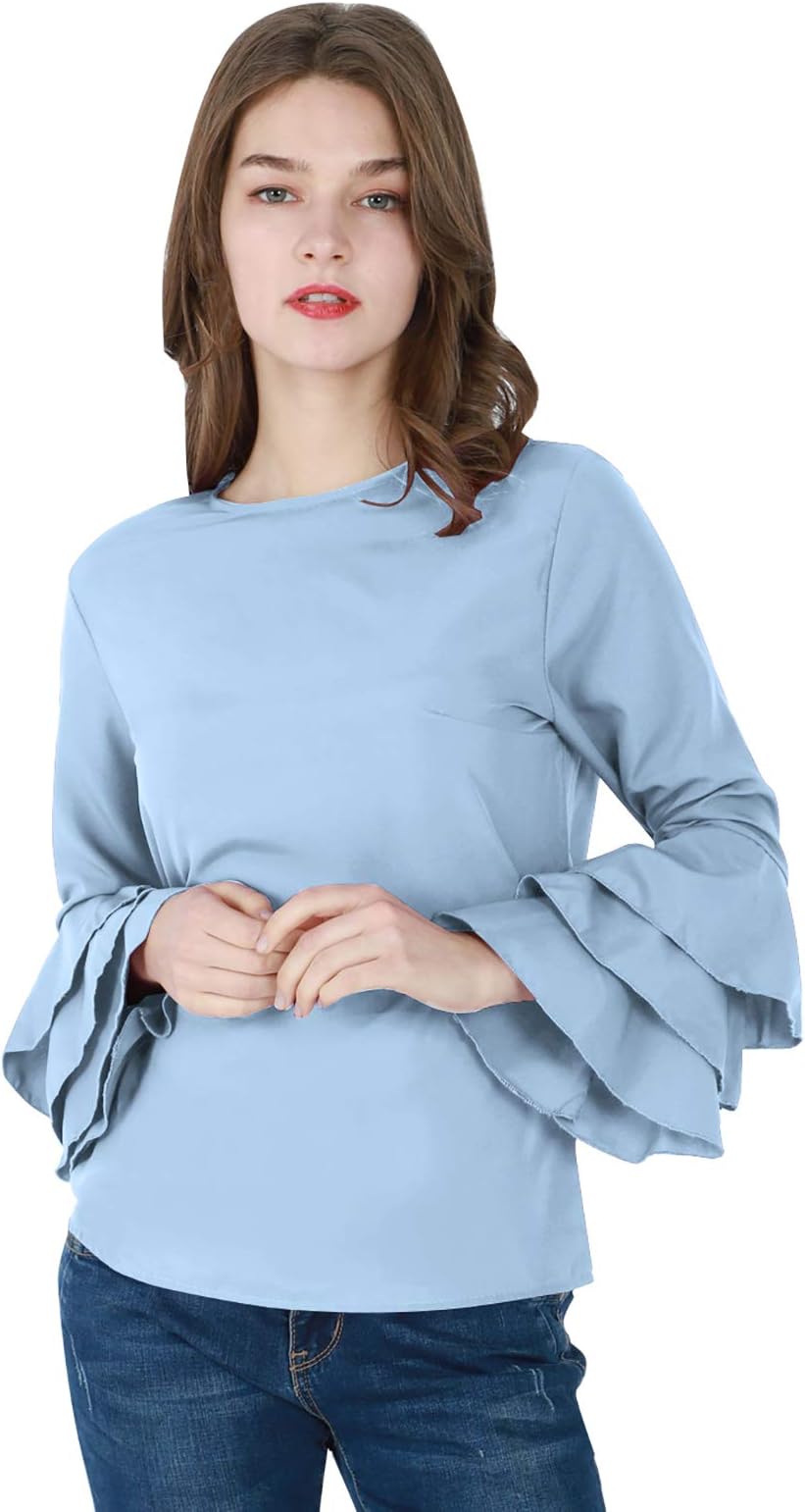 TYQQU Women's Ruffle Long Sleeve Shirts Round Neck Chiffon Blouse Casual Solid Tops Plus Size