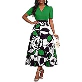 MarryUP Women's Midi Dresses - V Neck Cocktail & Church Tea Dresses - Short Sleeve A-Line Swing Dress