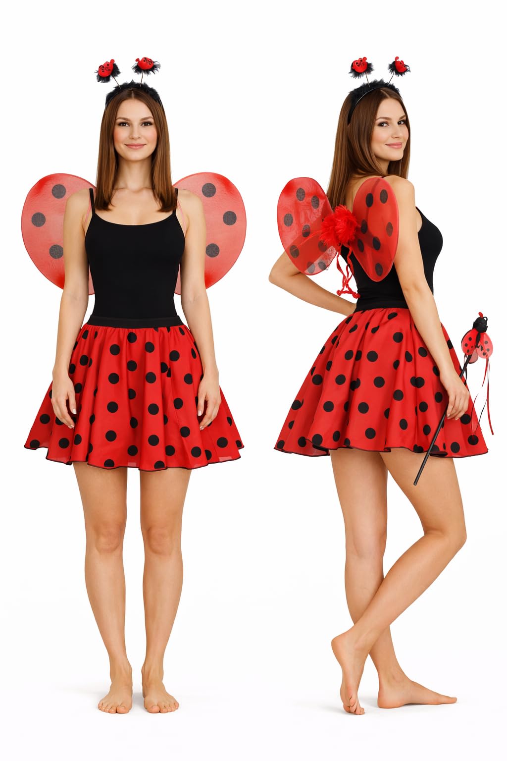 The Dragons Den Adults Ladybird Lady Bug Red & Black Polka Dot Skirt & 3 Piece Wings Set World Book Day Insect Fancy Dress [L-XL]