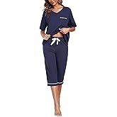 COLORFULLEAF Womens Pajama Sets 100% Cotton Summer Pj Set Capri Pants Sleepwear 2 Piece Lounge Set with Pockets