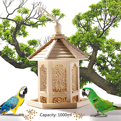 jiumoji Wooden Bird Feeder Outside Hanging for Garden Yard Tree Decoration Hexagon Shaped with Roof