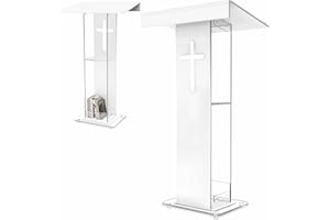 Easilywinlife 45.3 Acrylic Podium Lectern, Pulpit for Churches Stand with Double Shelves, Modern Plexiglass Pulpits Lectern with Cross Design for Classroom, Conference, Presentation,Wedding